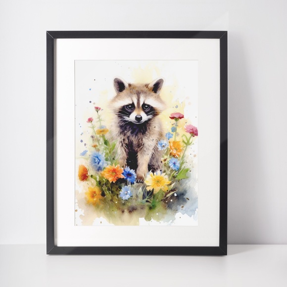 Watercolor Floral Raccoon Wall Art Illustration Print Poster Card Unframed - Picture 2 of 6